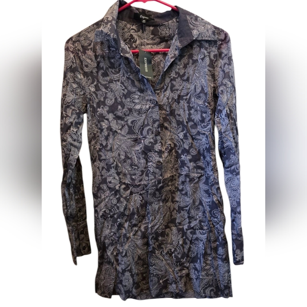 Express Womens Gray Fitted Long Sleeve Button Down Tunic Dress